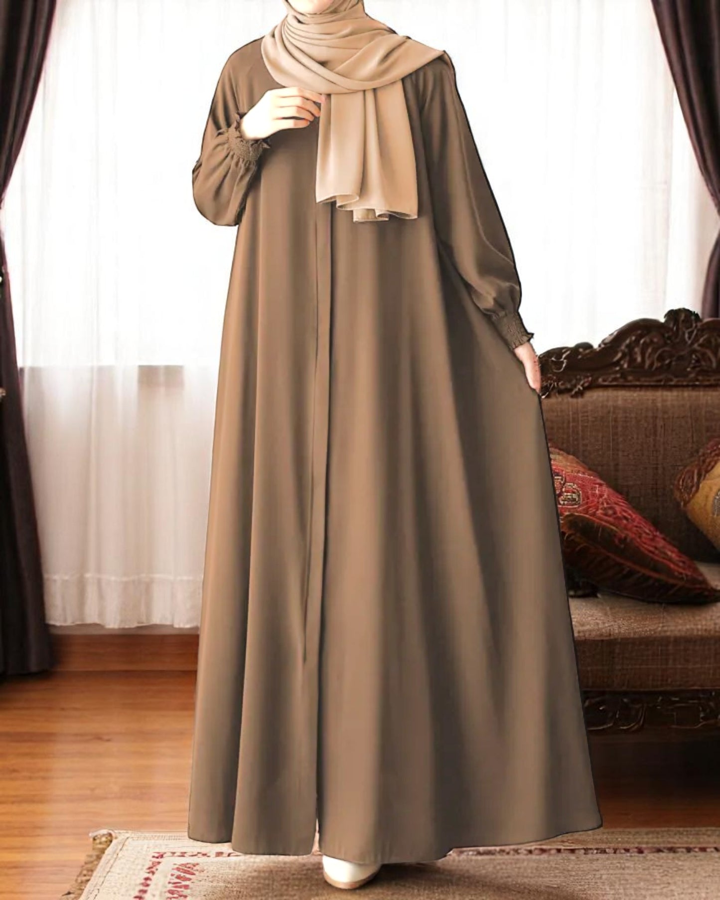Front Open Abaya with Zipper Opening, Umbrella Flare and Matching Belt