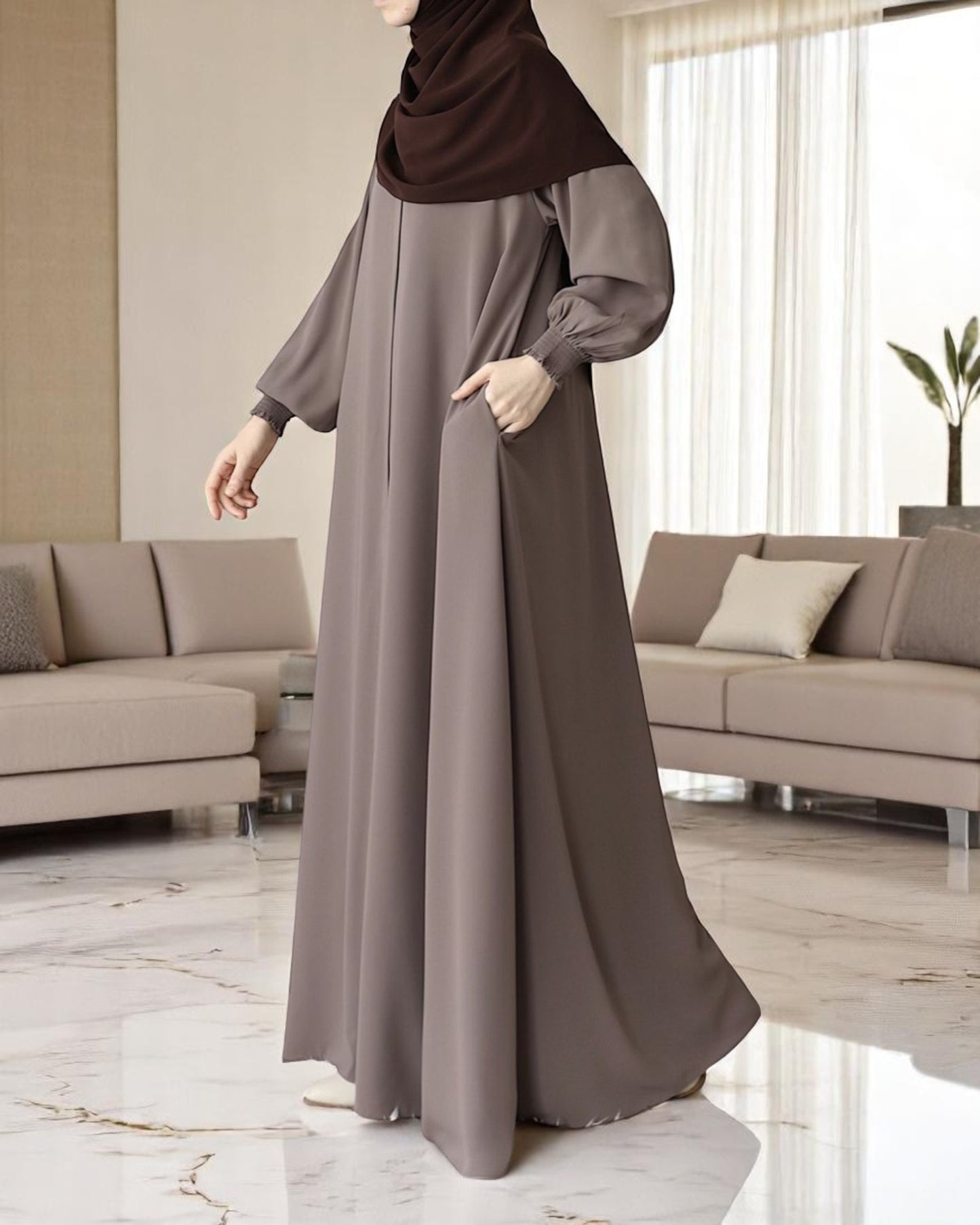 Front Open Abaya with Zipper Opening, Umbrella Flare and Matching Belt