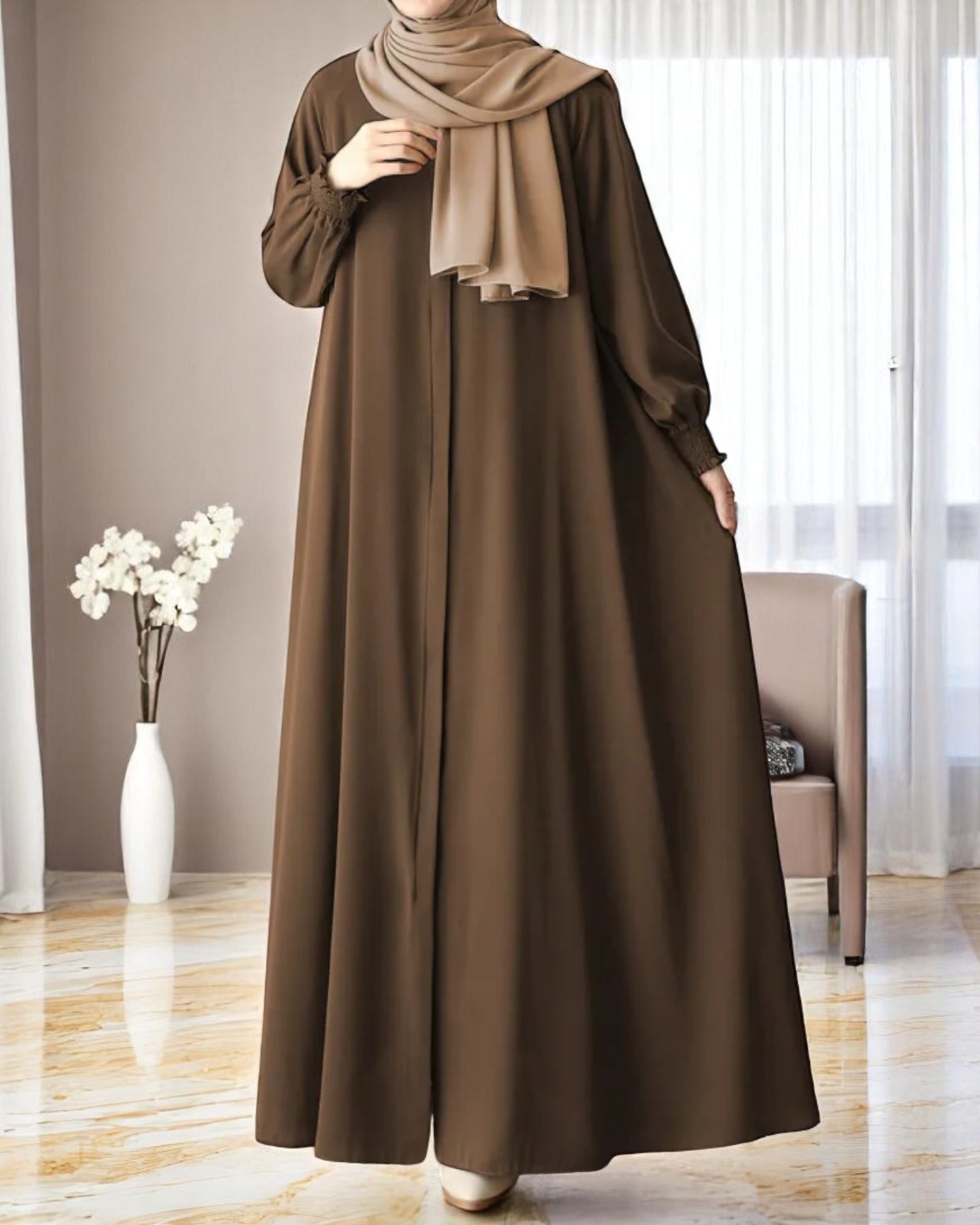 Front Open Abaya with Zipper Opening, Umbrella Flare and Matching Belt