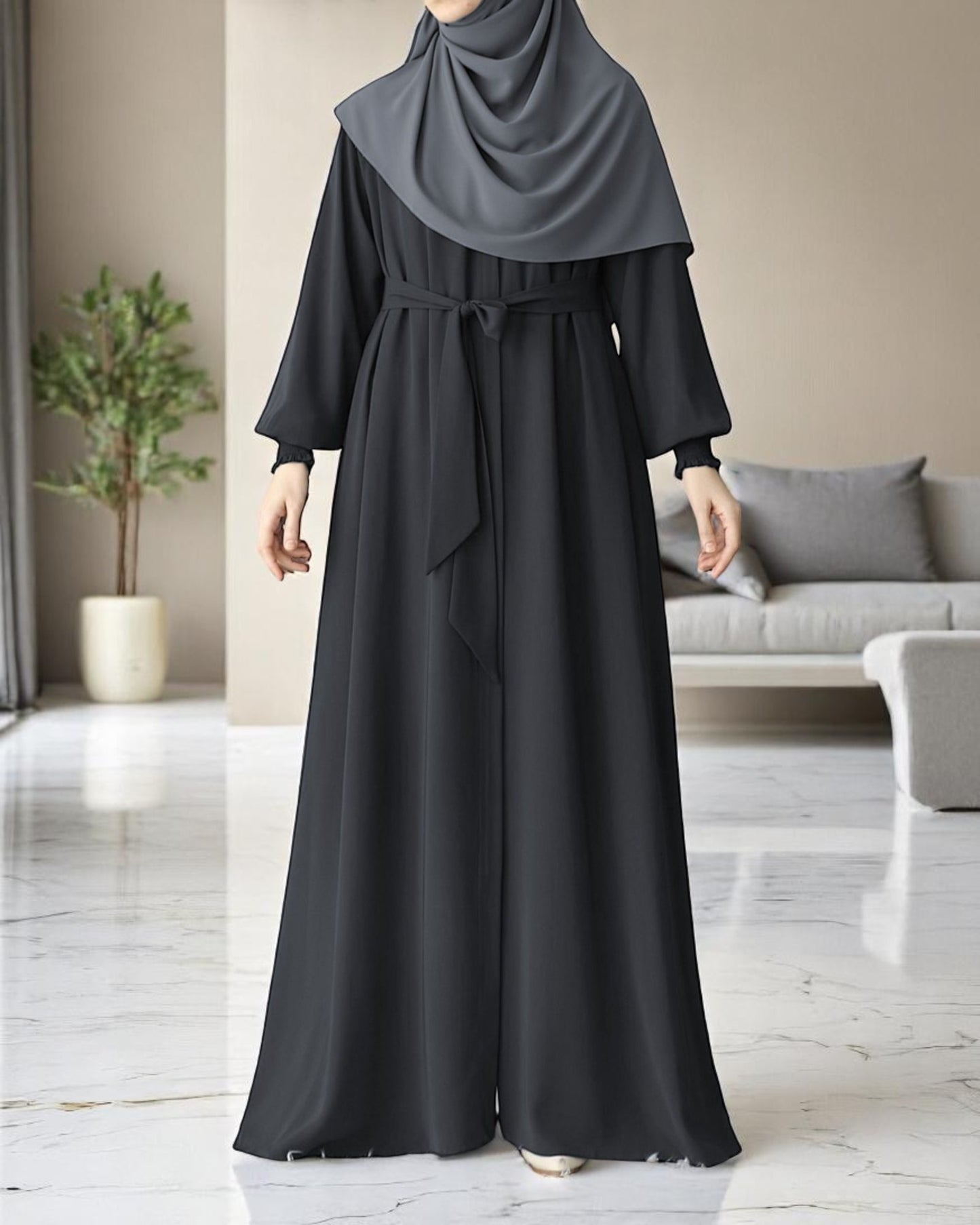 Front Open Abaya with Zipper Opening, Umbrella Flare and Matching Belt