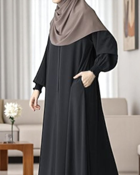 Front Open Abaya with Zipper Opening, Umbrella Flare and Matching Belt