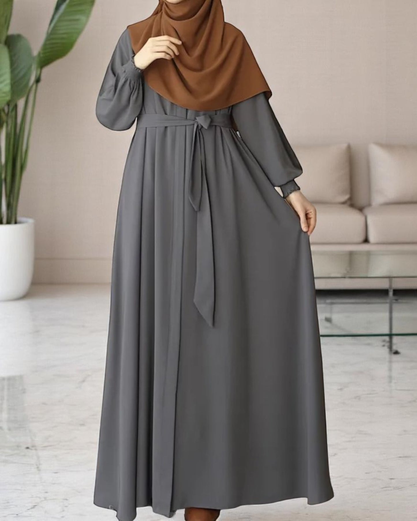 Front Open Abaya with Zipper Opening, Umbrella Flare and Matching Belt