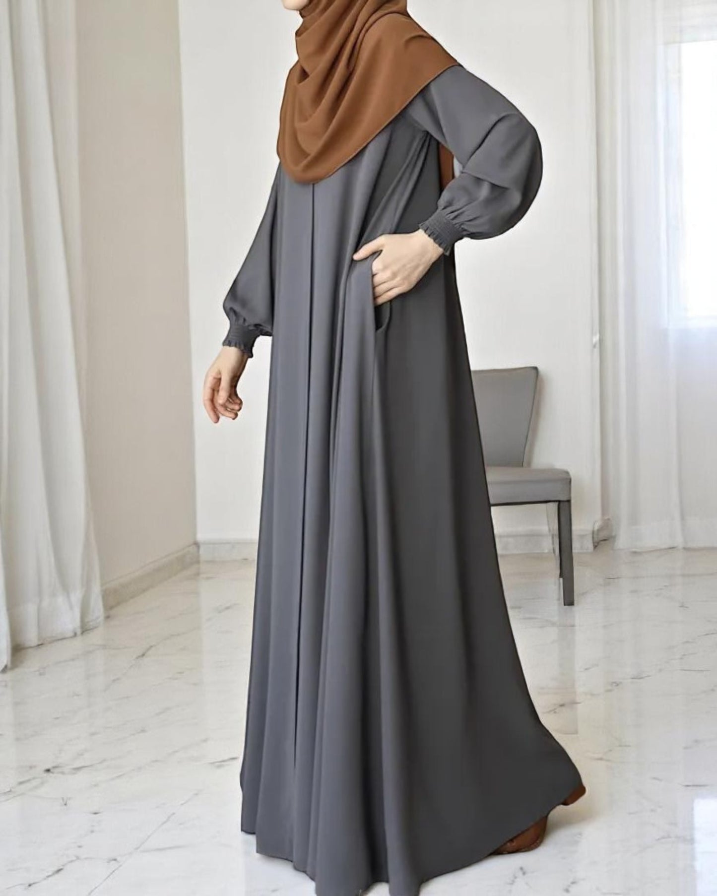 Front Open Abaya with Zipper Opening, Umbrella Flare and Matching Belt