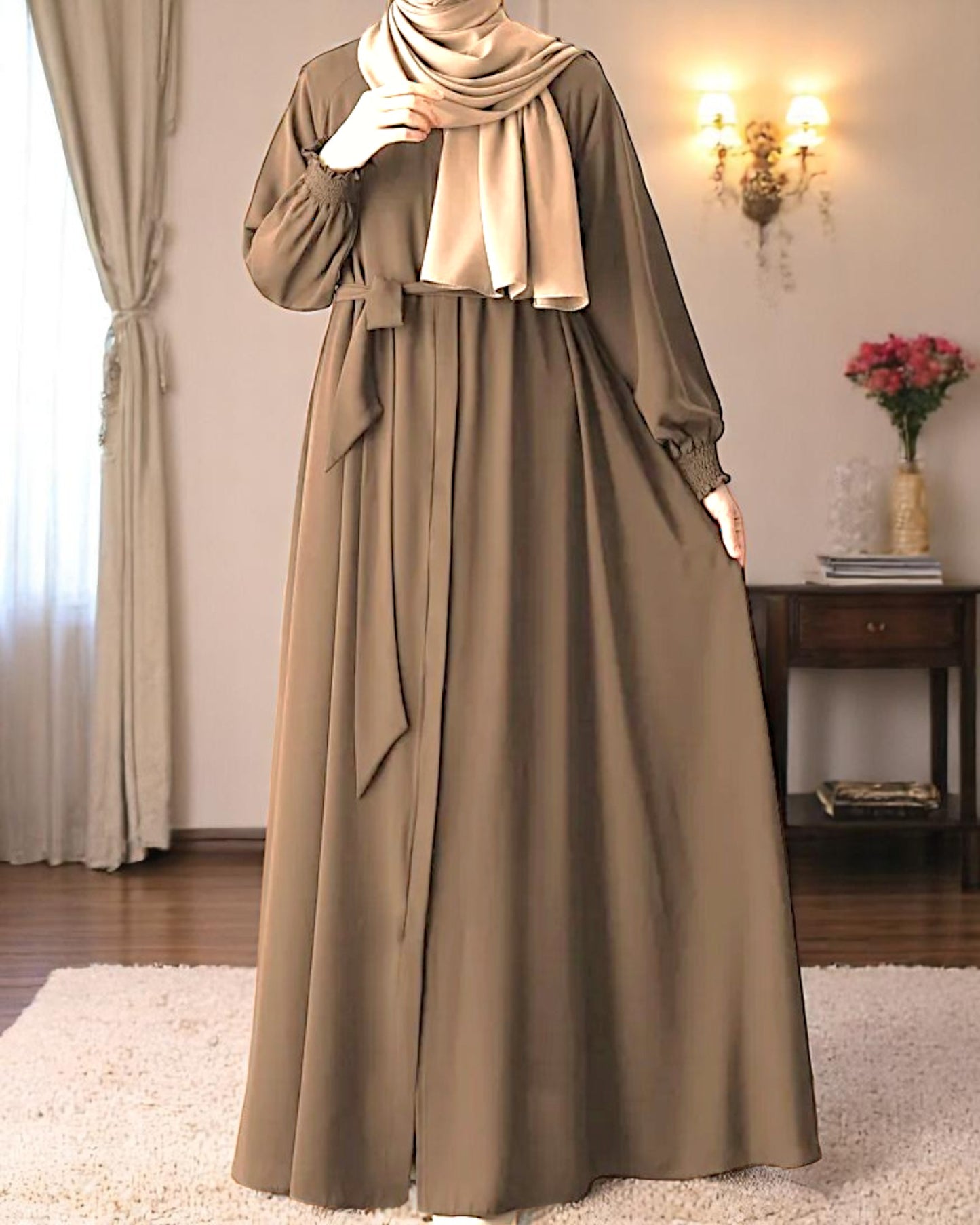Front Open Abaya with Zipper Opening, Umbrella Flare and Matching Belt