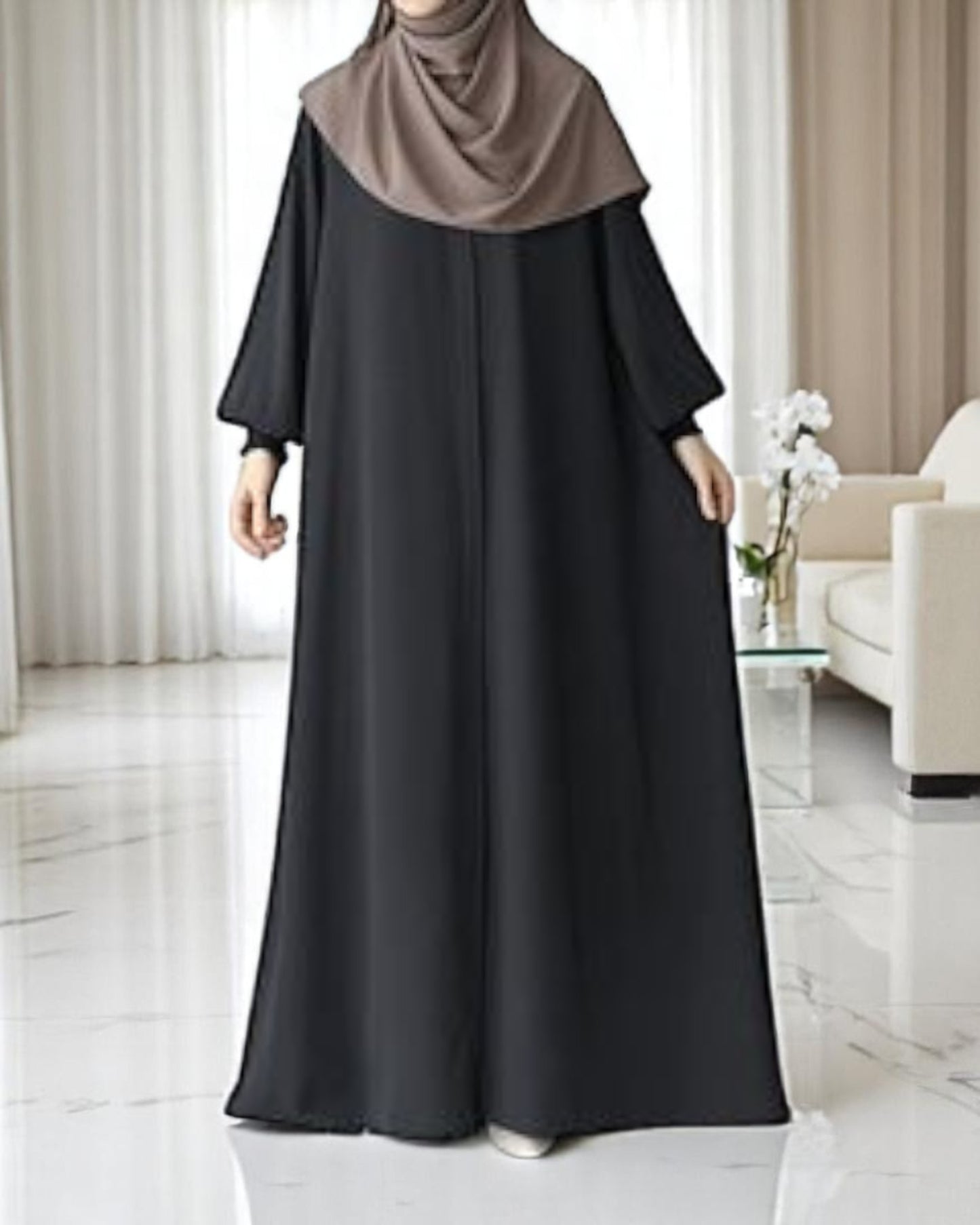 Front Open Abaya with Zipper Opening, Umbrella Flare and Matching Belt