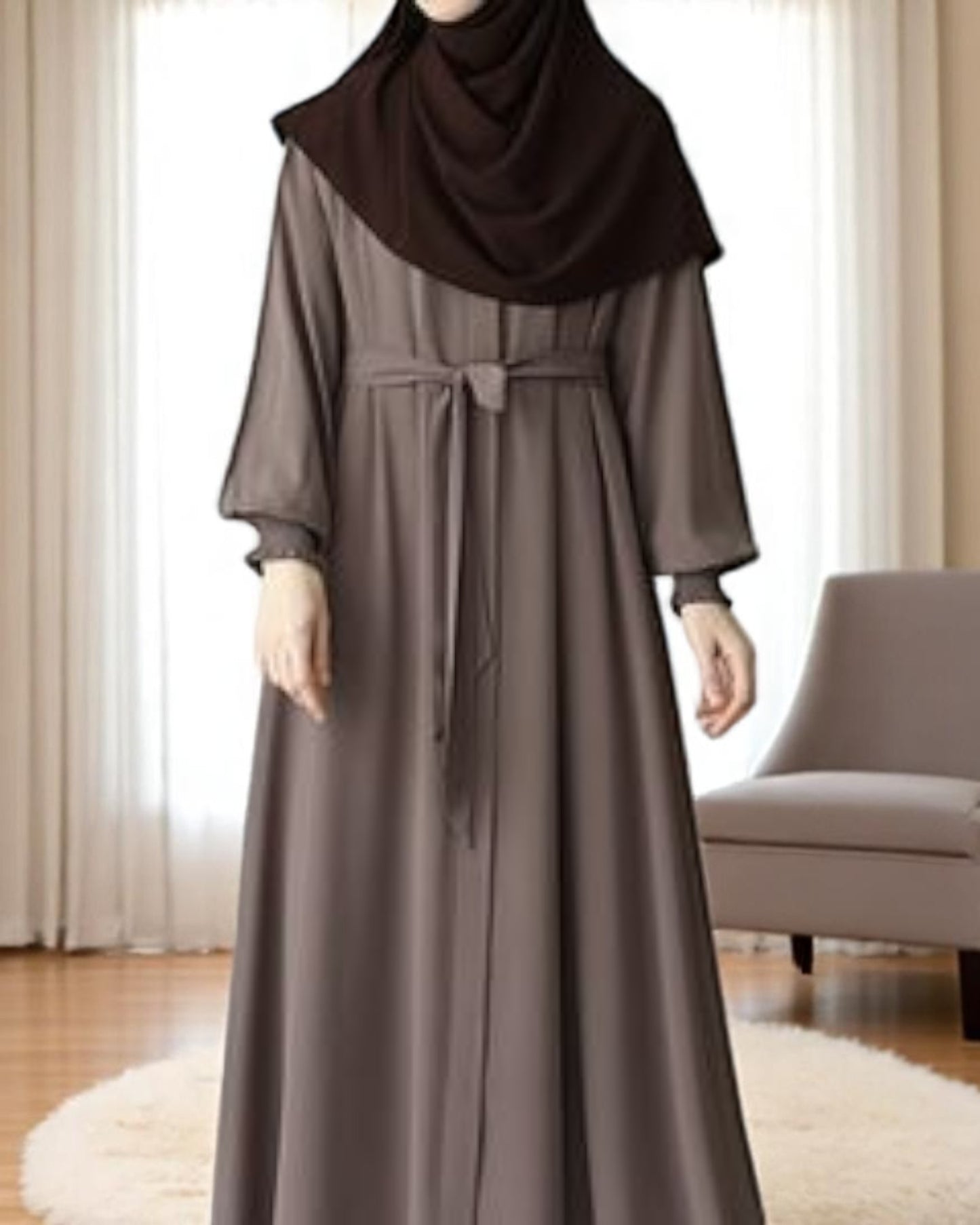 Front Open Abaya with Zipper Opening, Umbrella Flare and Matching Belt