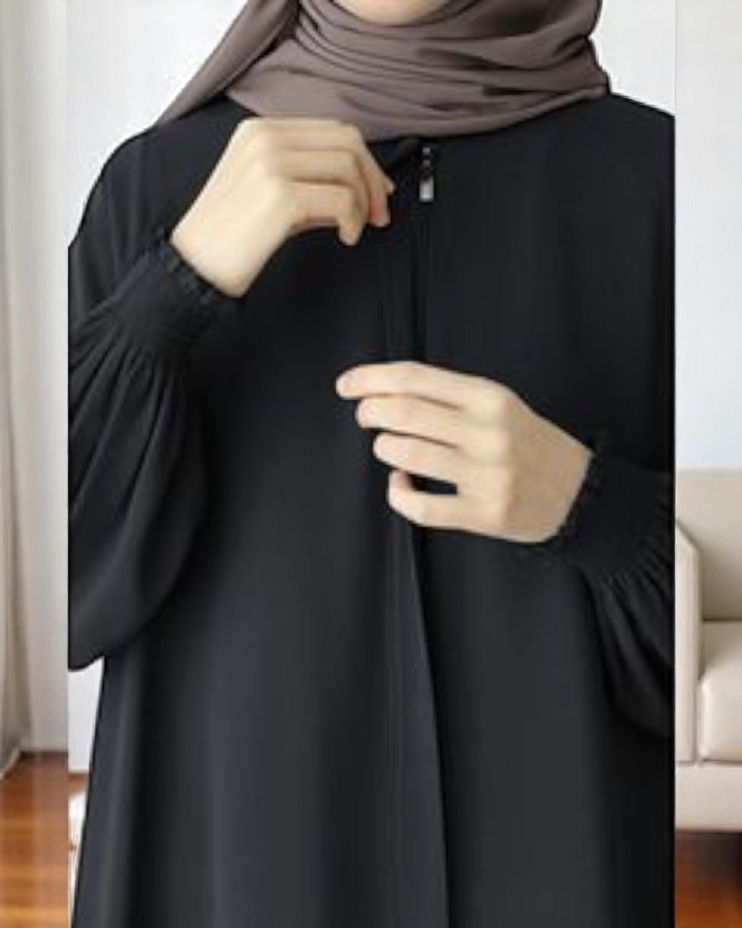 Front Open Abaya with Zipper Opening, Umbrella Flare and Matching Belt