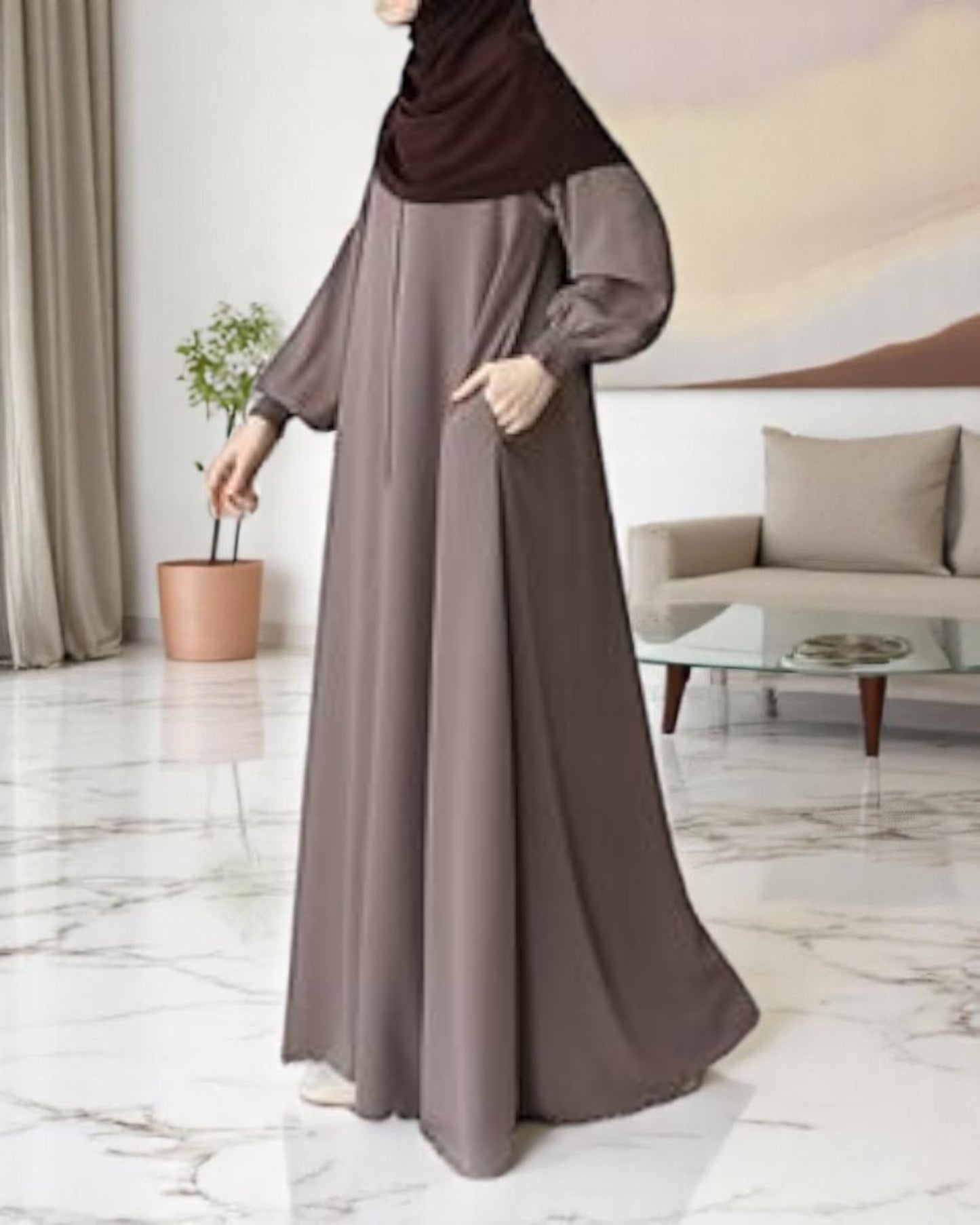 Front Open Abaya with Zipper Opening, Umbrella Flare and Matching Belt
