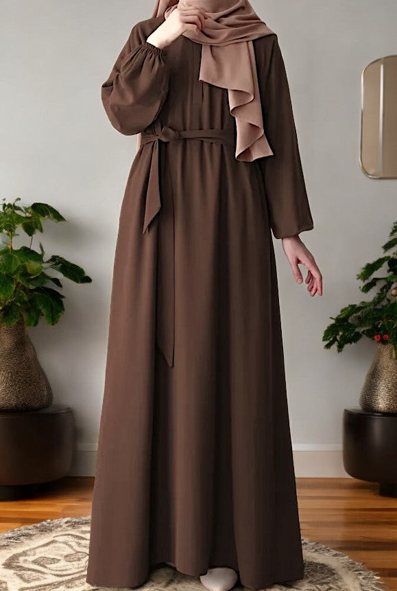 Flared A-Line Abaya with Elasticated Sleeves and Button Yoke