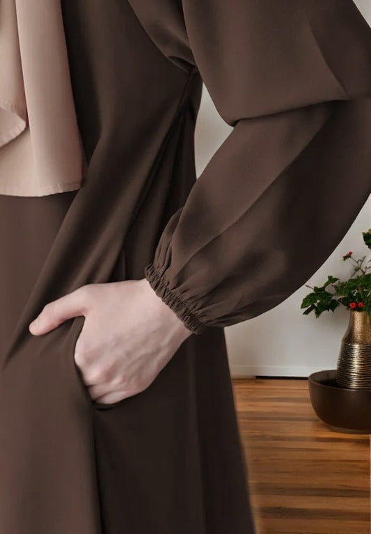 Flared A-Line Abaya with Elasticated Sleeves and Button Yoke