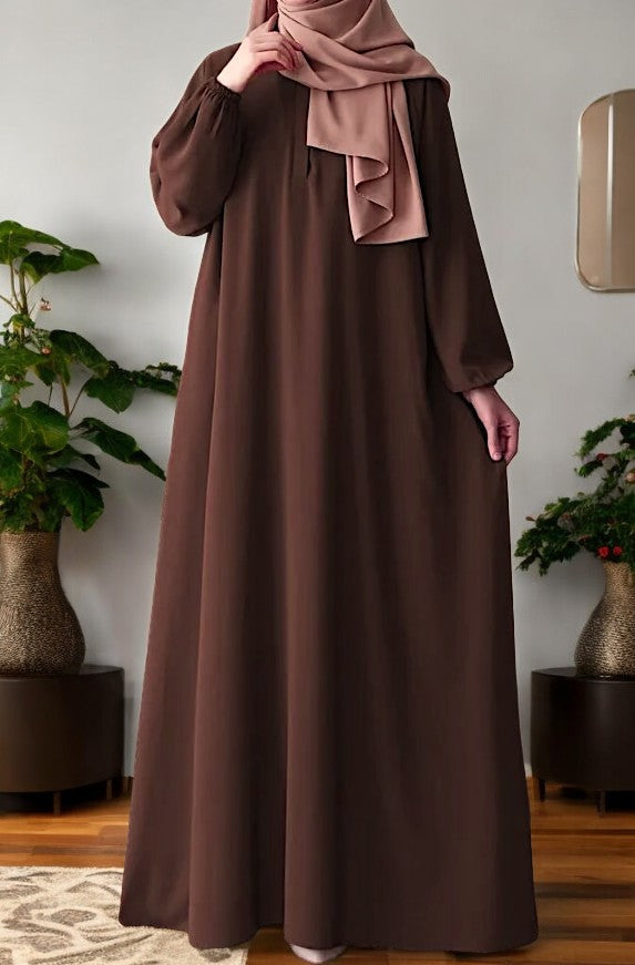 Flared A-Line Abaya with Elasticated Sleeves and Button Yoke
