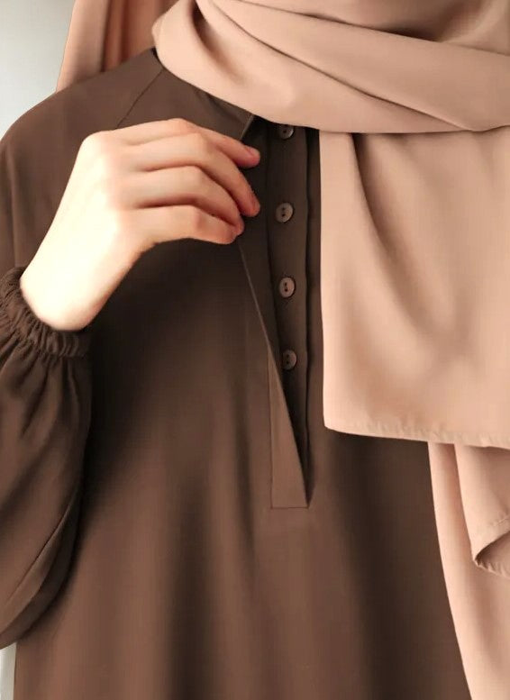 Flared A-Line Abaya with Elasticated Sleeves and Button Yoke