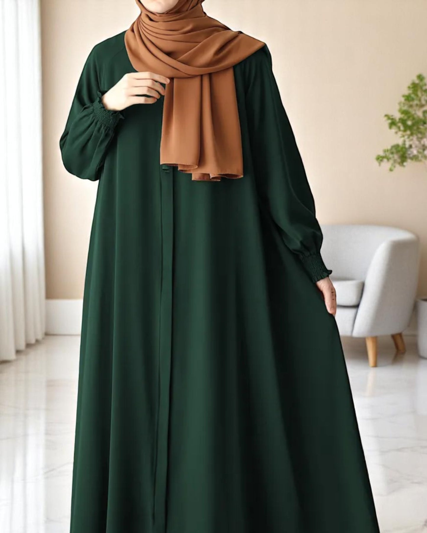 Front Open Abaya with Zipper Opening, Umbrella Flare and Matching Belt