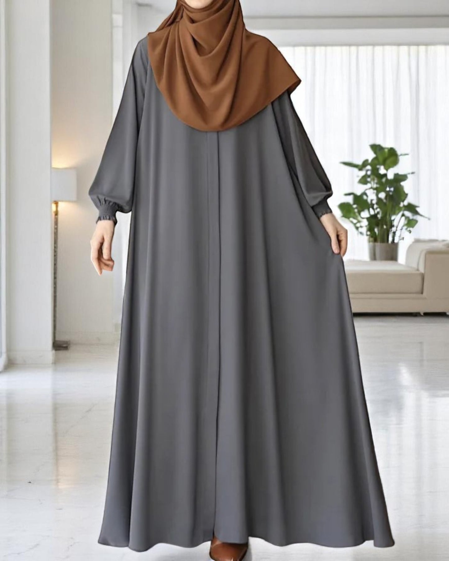 Front Open Abaya with Zipper Opening, Umbrella Flare and Matching Belt
