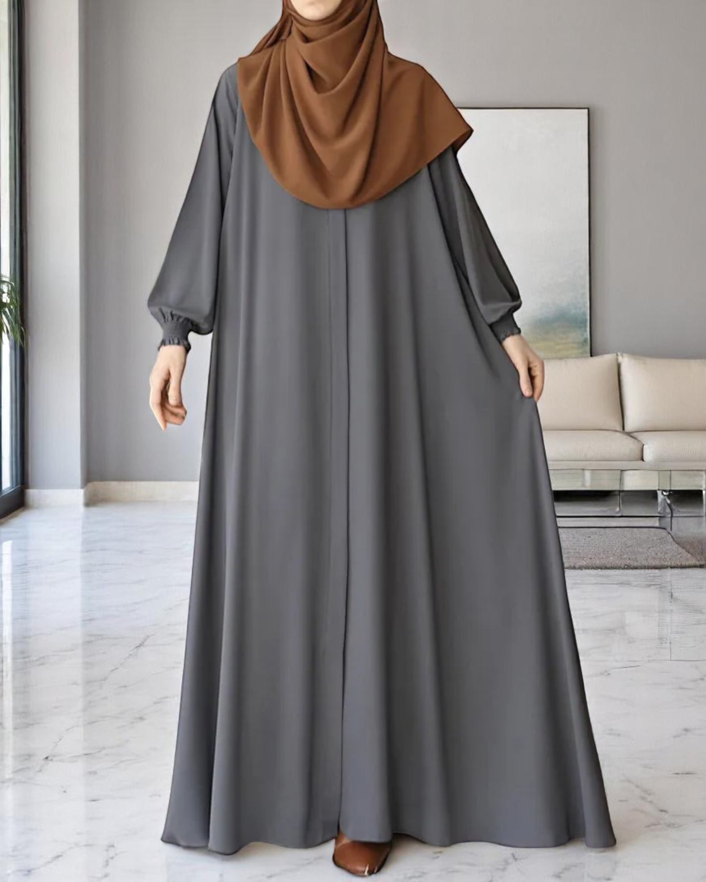 Front Open Abaya with Zipper Opening, Umbrella Flare and Matching Belt