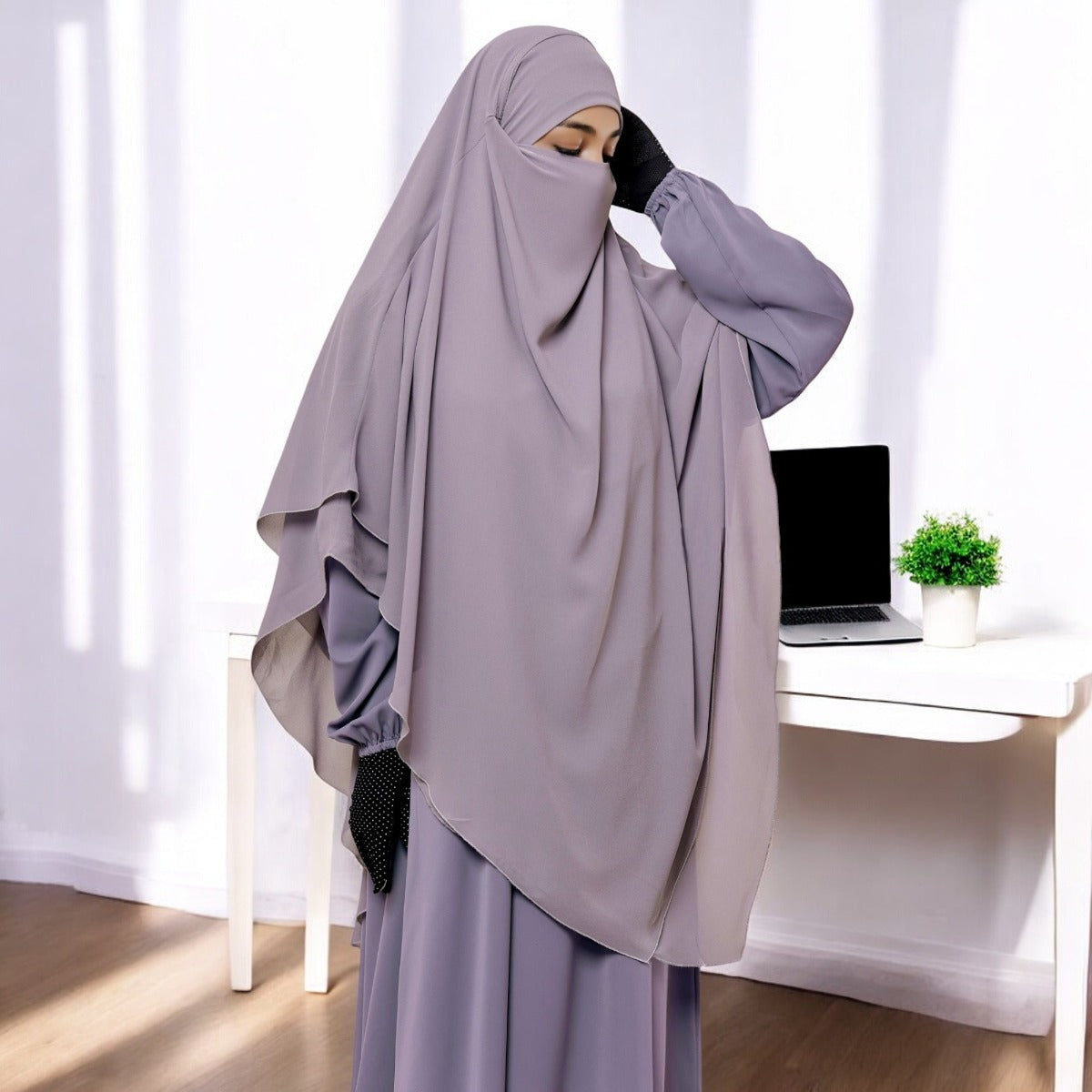 Bashariya Stone Grey Color Three-Layer Triangular Long Prayer Khimar Hijab with Attached Mouthpiece|Short Jilbab | Ready-to-Wear with Tie-Back Design in Georgette Fabric