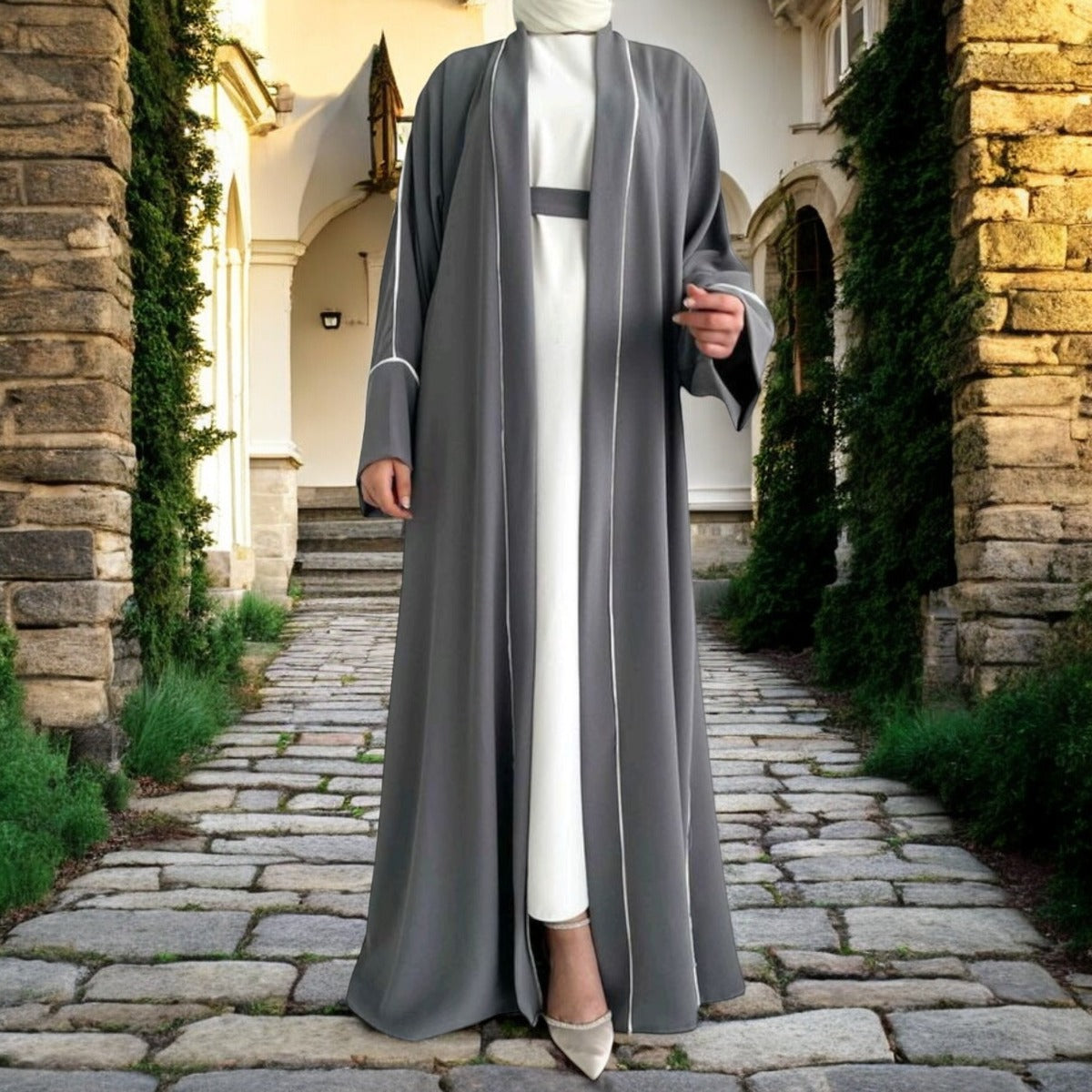 Elegant Three-Piece Abaya Set with Contrast Piping