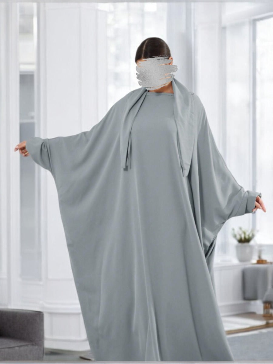 Designer Kaftan Abaya in Luxurious Firdaus Fabric with Elasticated Sleeves and Attached Scarf