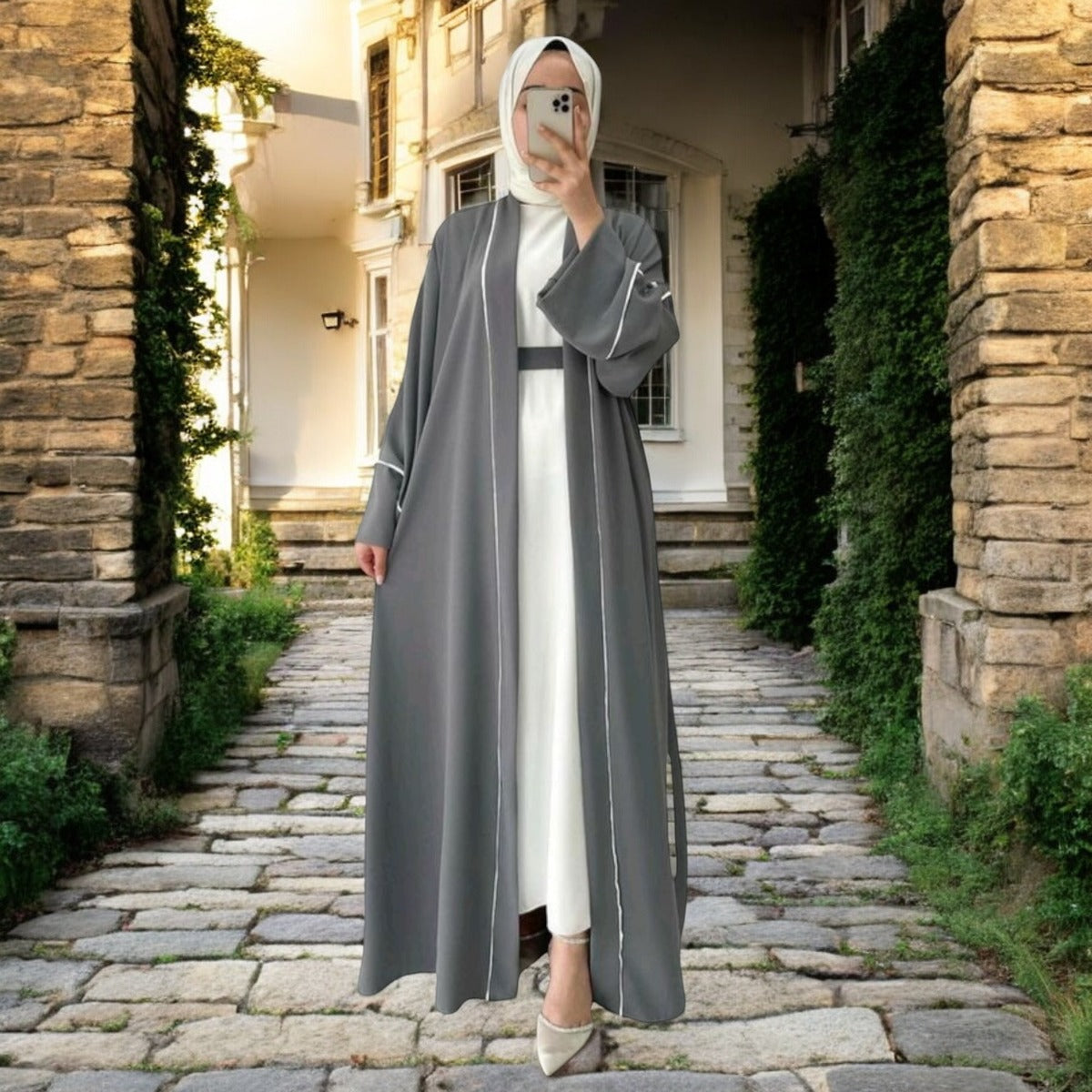 Elegant Three-Piece Abaya Set with Contrast Piping