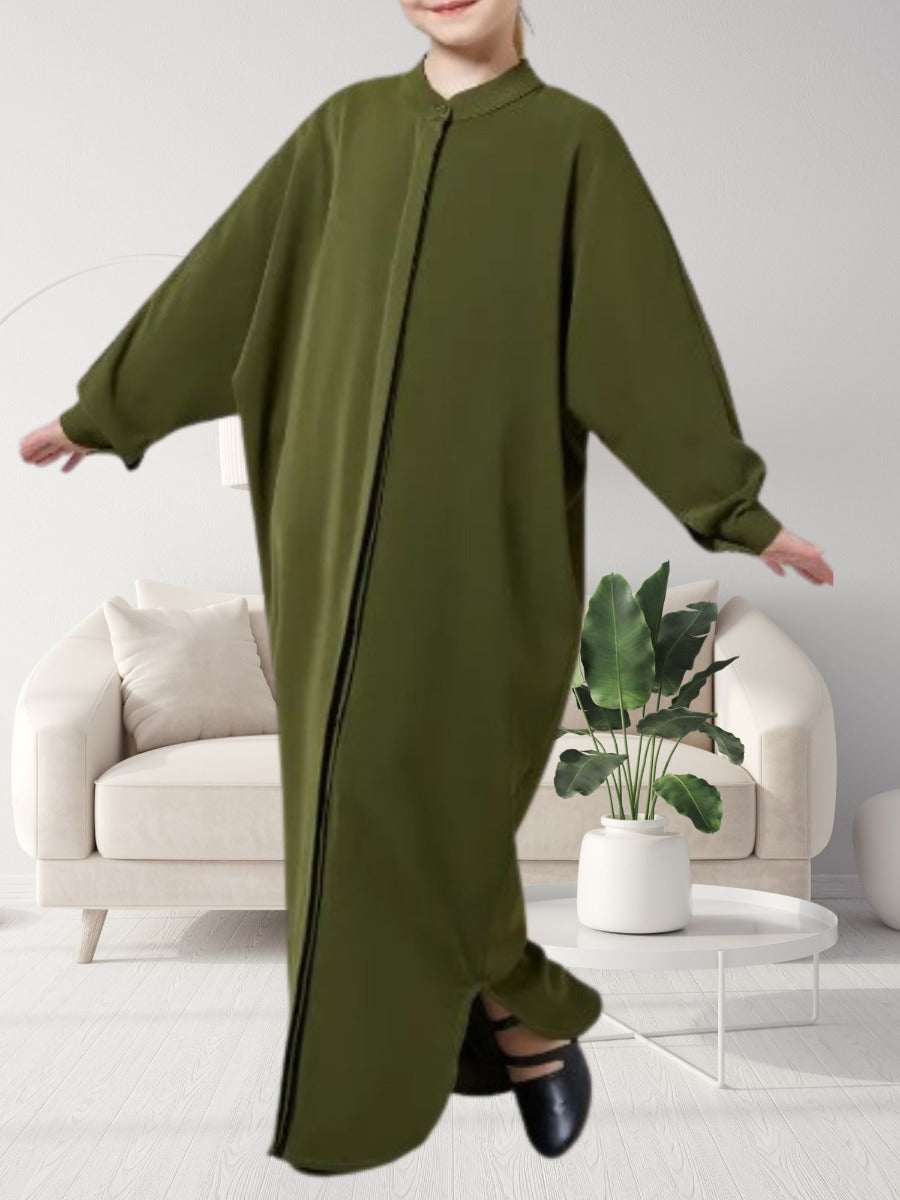 Satin Whispers: Front-Open Kaftan Abaya for Young Fashionistas