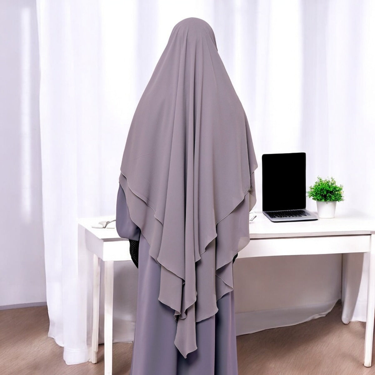 Bashariya Stone Grey Color Three-Layer Triangular Long Prayer Khimar Hijab with Attached Mouthpiece|Short Jilbab | Ready-to-Wear with Tie-Back Design in Georgette Fabric