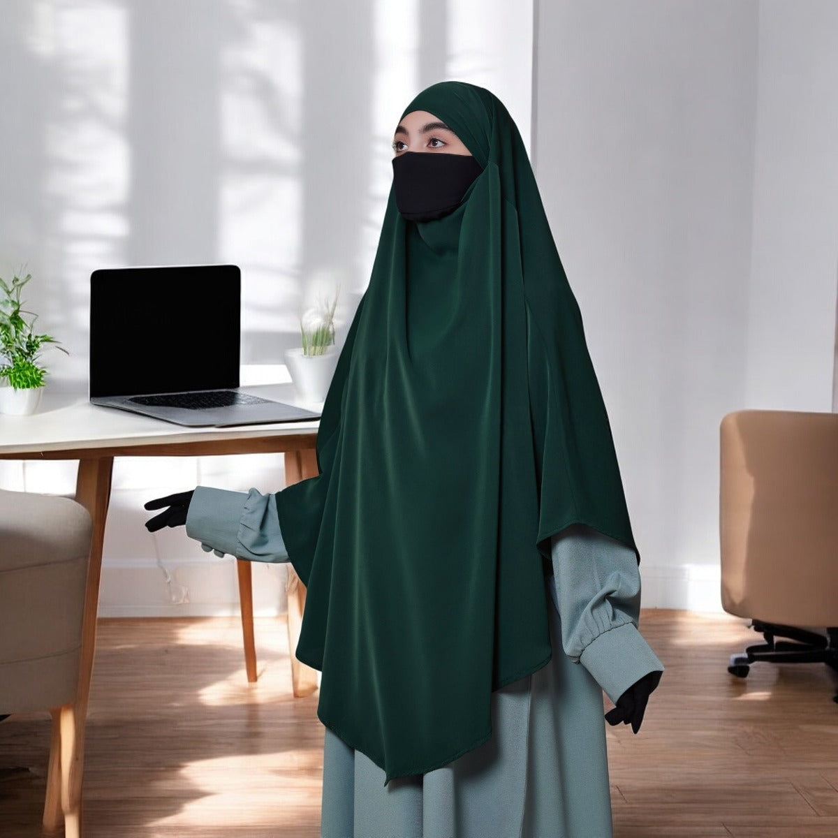 Bashariya Green Color Two-Layer Triangle Prayer Khimar hijab with Attached Mouthpiece