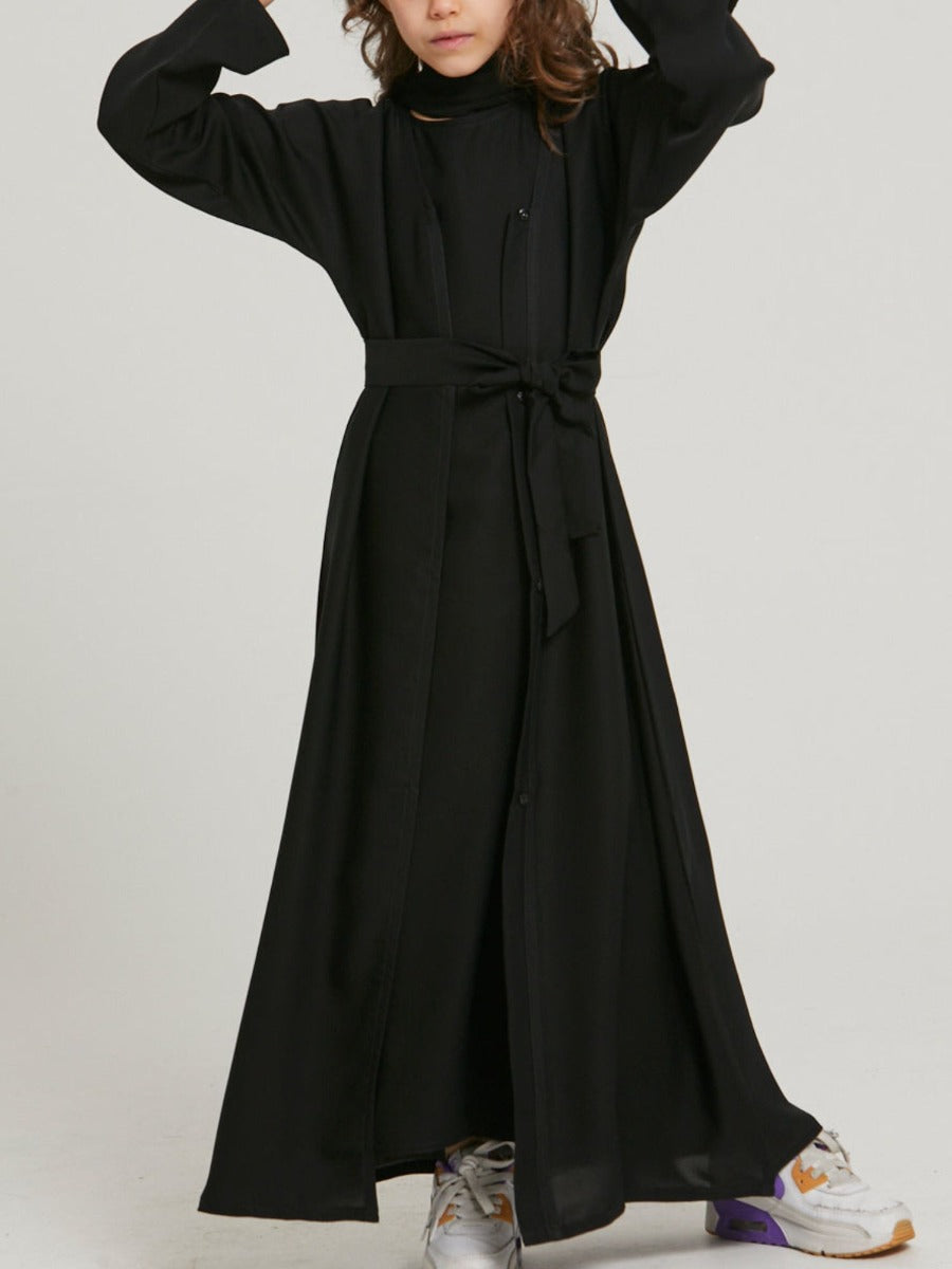 Three-Piece Abaya Set For Kids with Front Open Cardigan and Hijab
