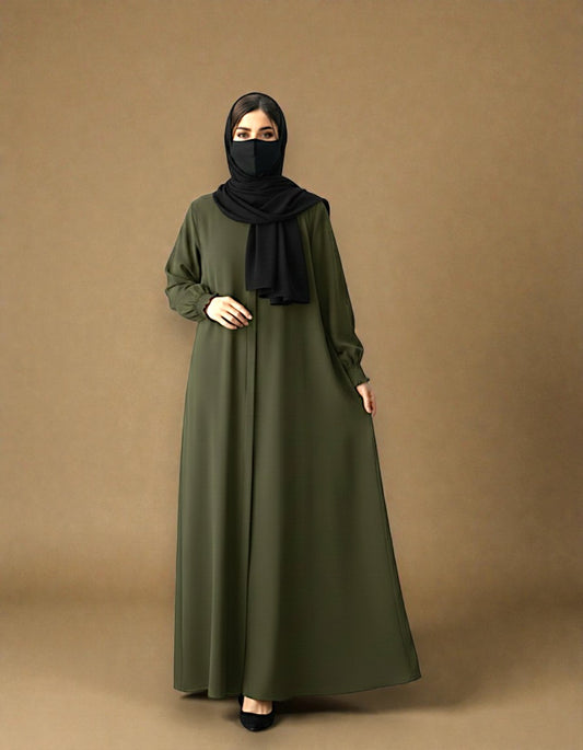 Front Open Abaya with Zipper Opening, Umbrella Flare and Matching Belt