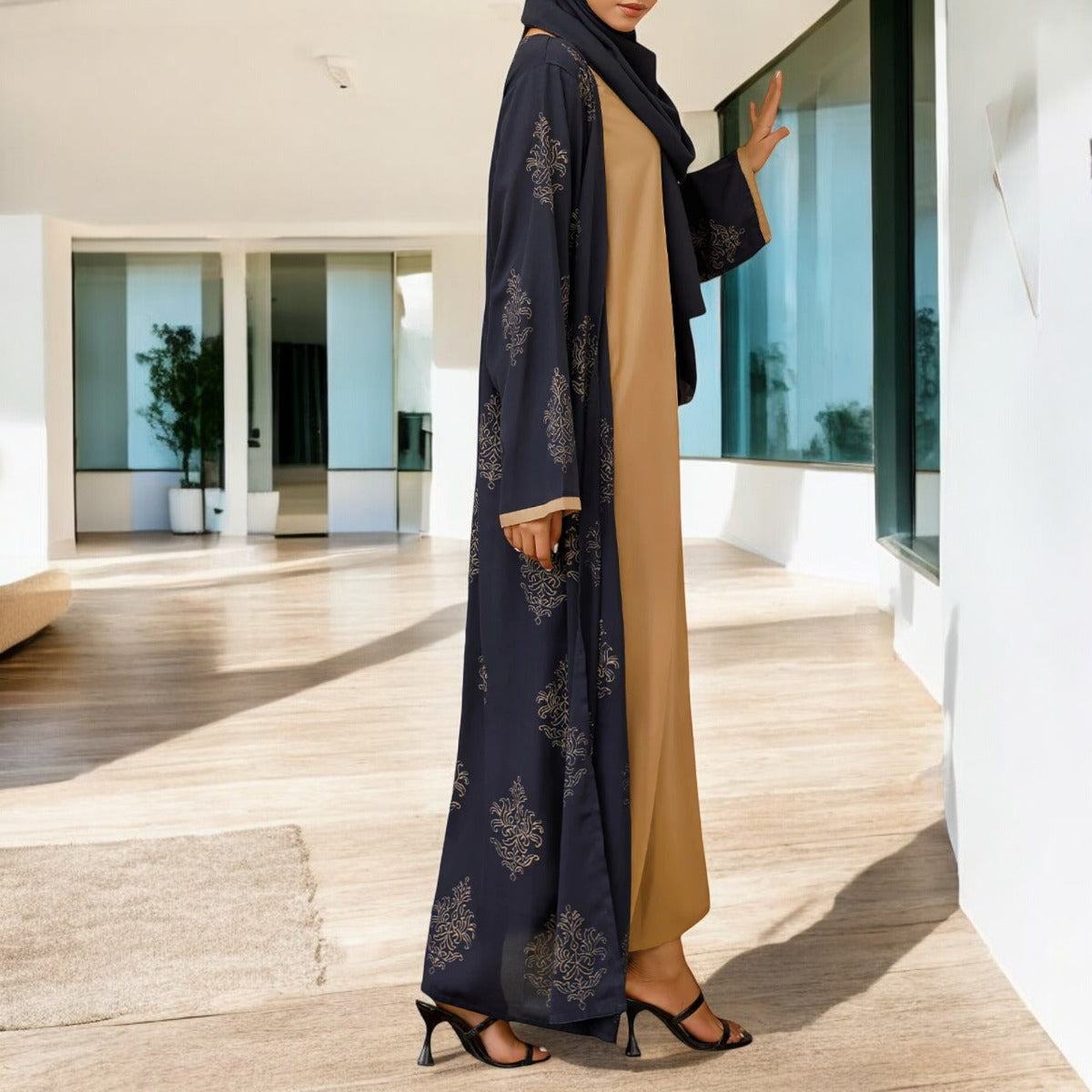 Elegant Three-Piece Abaya Set with Golden Print