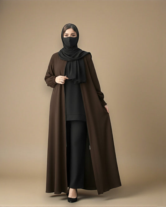 Front Open Abaya with Zipper Opening, Umbrella Flare and Matching Belt