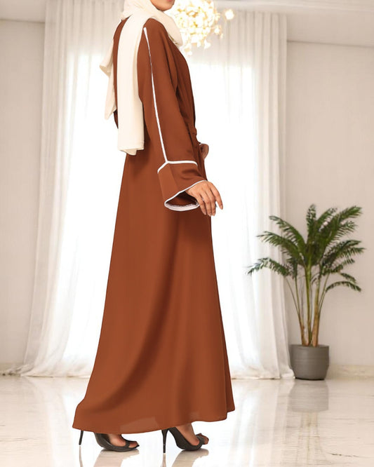 A-Line Fit Abaya with Flared Sleeves, Contrast Piping, Belt & Hijab
