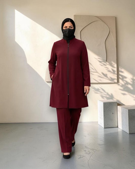 2-Piece Modest Co-Ord Set with Zipper Top & Elasticated Trousers | Optional Hijab | Maroon