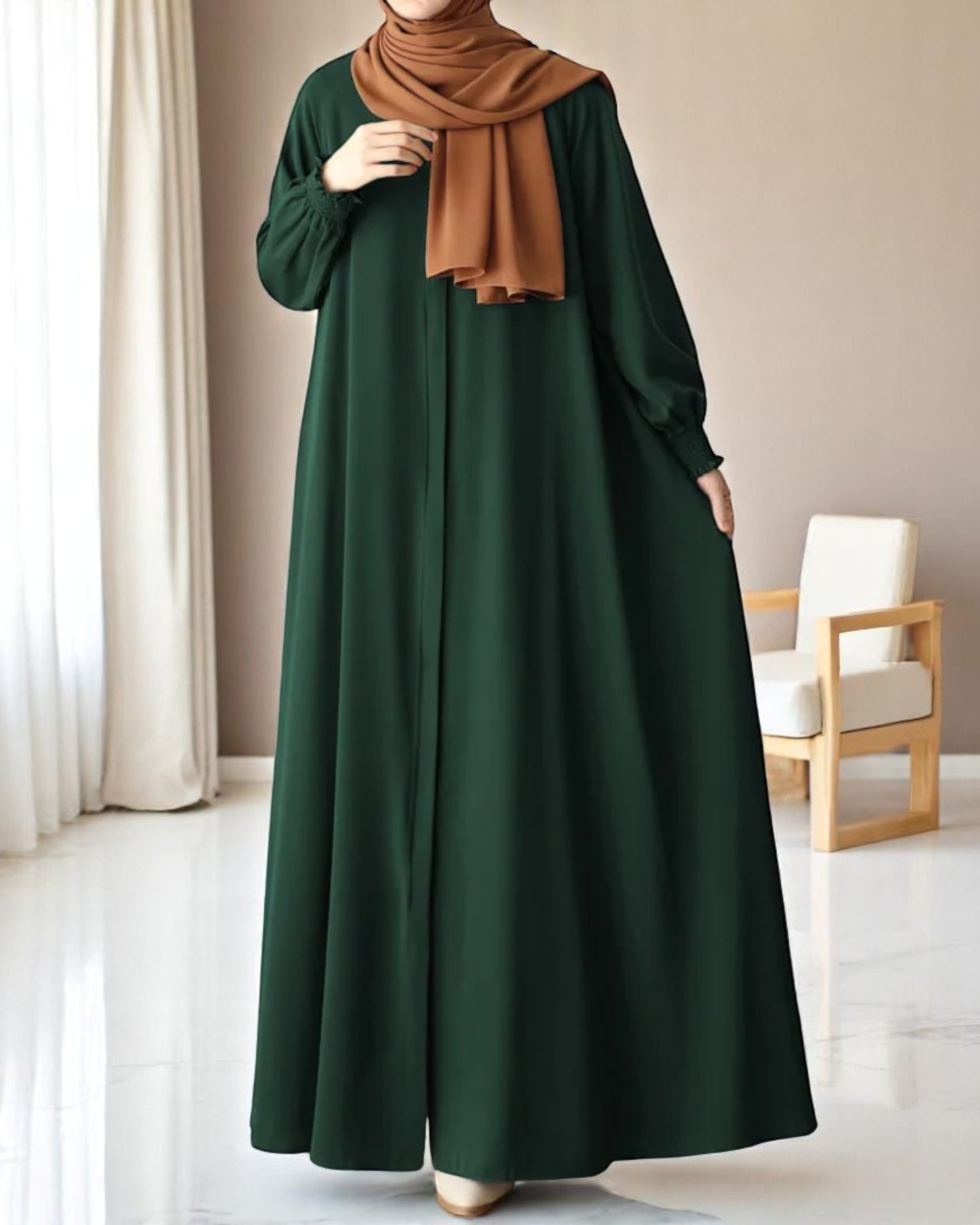 Front Open Abaya with Zipper Opening, Umbrella Flare and Matching Belt