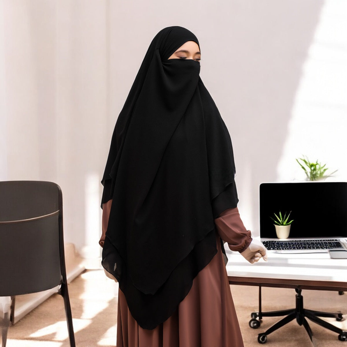 Bashariya Black Color Two-Layer Triangle Prayer Khimar Hijab with Attached Mouthpiece | Ready-to-Wear with Tie-Back Design in Soft Georgette Fabric