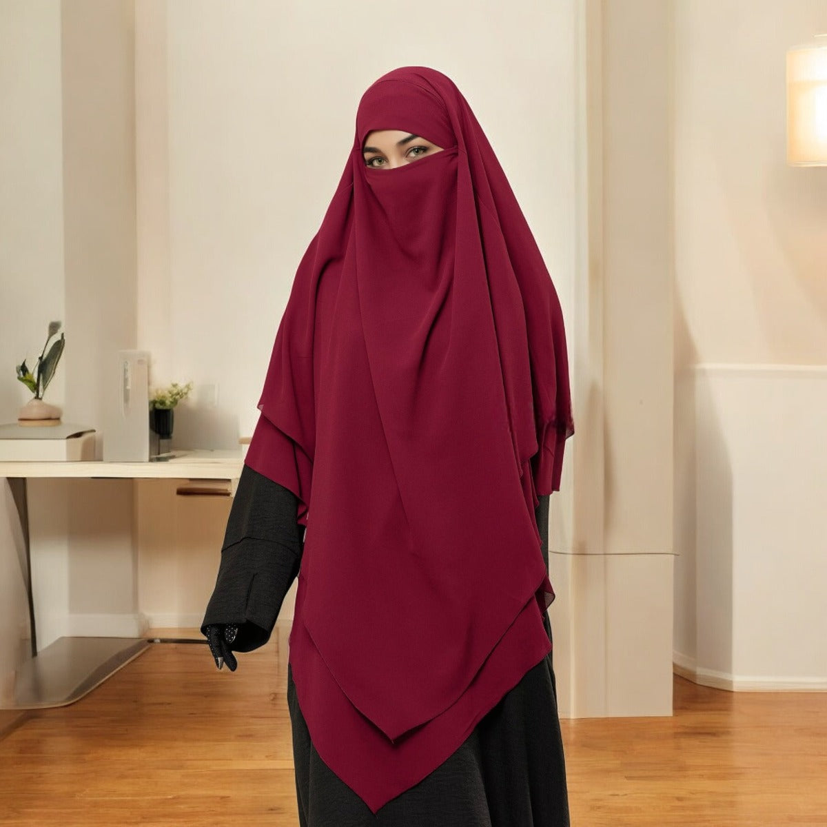 Bashariya Maroon Color Two-Layer Triangle Prayer Khimar Hijab with Attached Mouthpiece | Ready-to-Wear with Tie-Back Design in Soft Georgette Fabric
