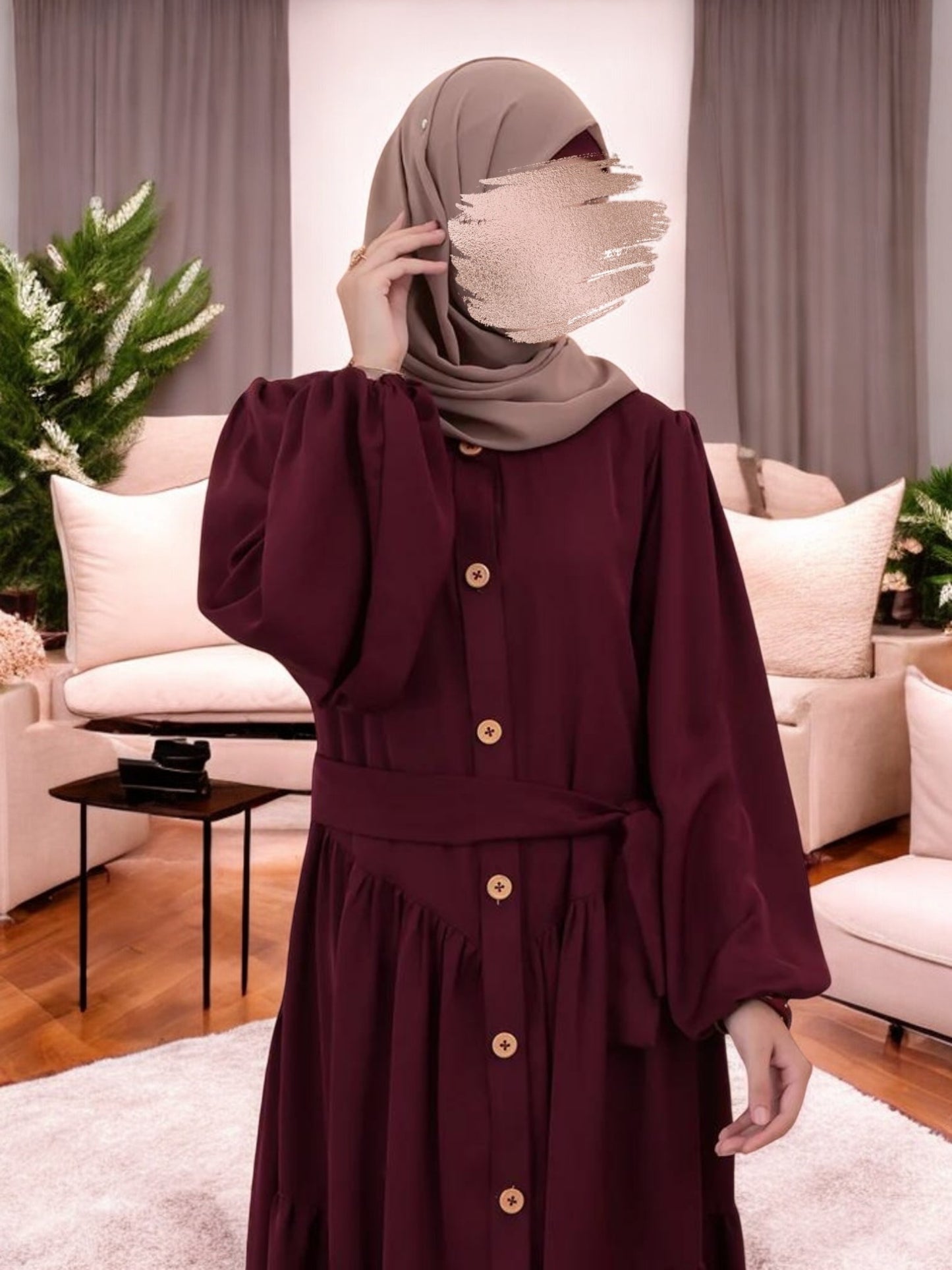 Multi-Tiered Abaya with Wooden Buttons and Elasticated Sleeves