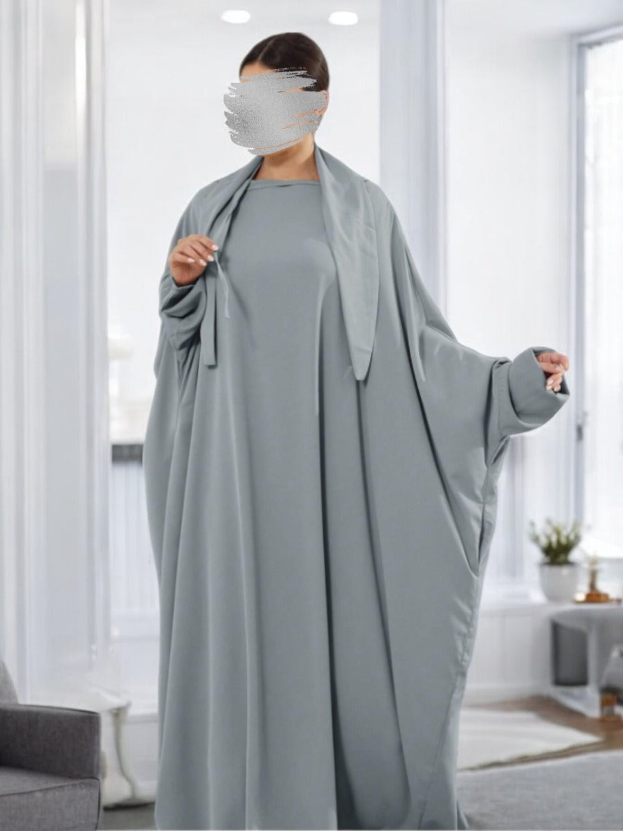 Designer Kaftan Abaya in Luxurious Firdaus Fabric with Elasticated Sleeves and Attached Scarf