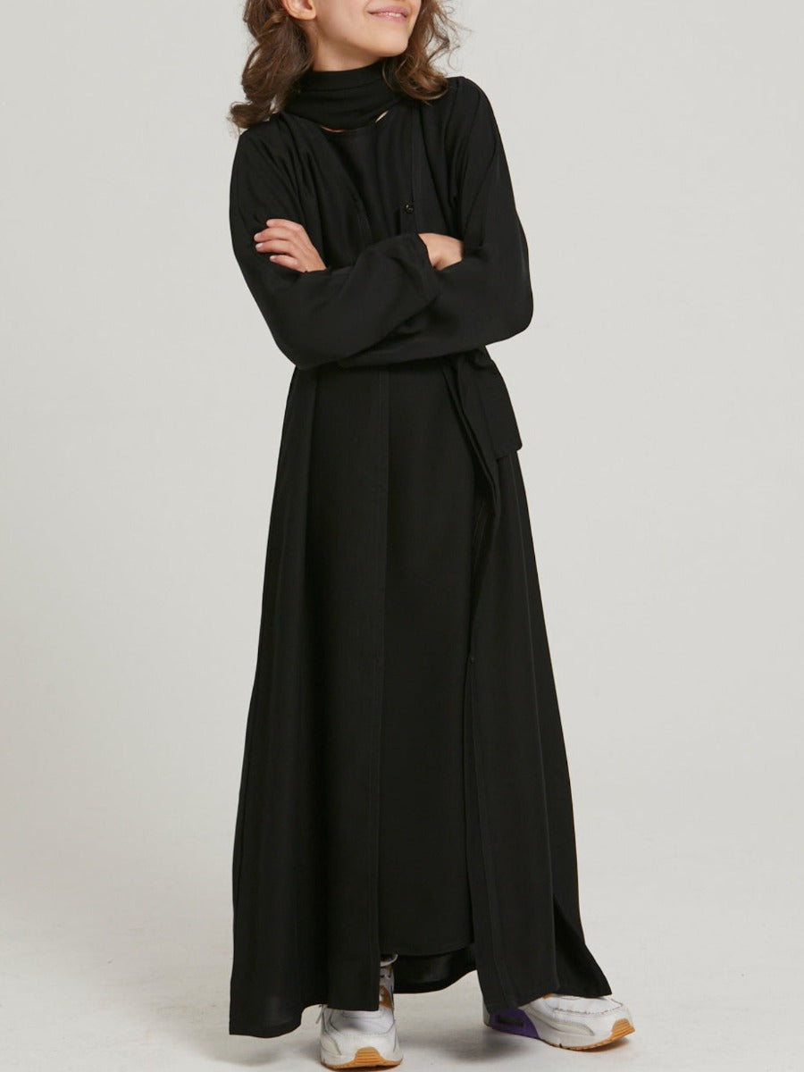 Three-Piece Abaya Set For Kids with Front Open Cardigan and Hijab