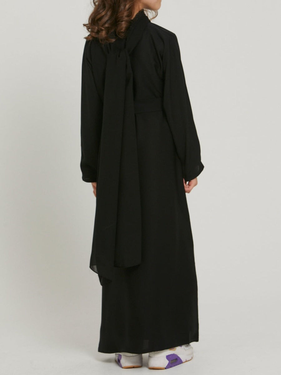 Three-Piece Abaya Set For Kids with Front Open Cardigan and Hijab