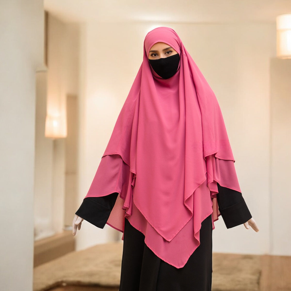 Bashariya Pink Color Two-Layer Triangle Prayer Khimar Hijab with Attached Mouthpiece | Ready-to-Wear with Tie-Back Design in Soft Georgette Fabric Wear with Tie-Back Design in Soft Georgette Fabric