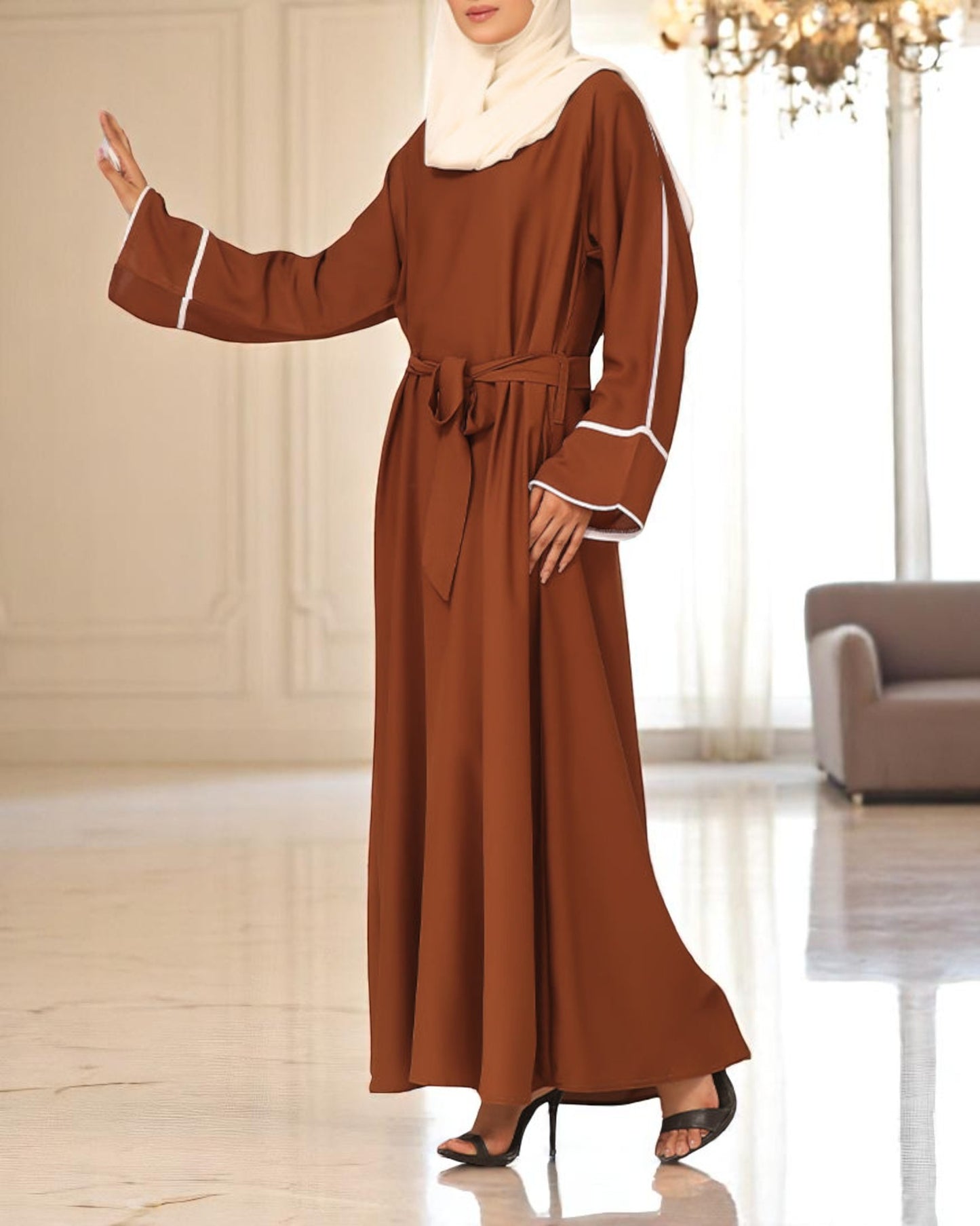 A-Line Fit Abaya with Flared Sleeves, Contrast Piping, Belt & Hijab