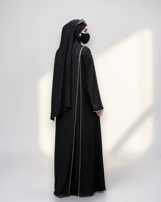 Designer Black Closed Abaya with Contrast Piping and Extra Flare
