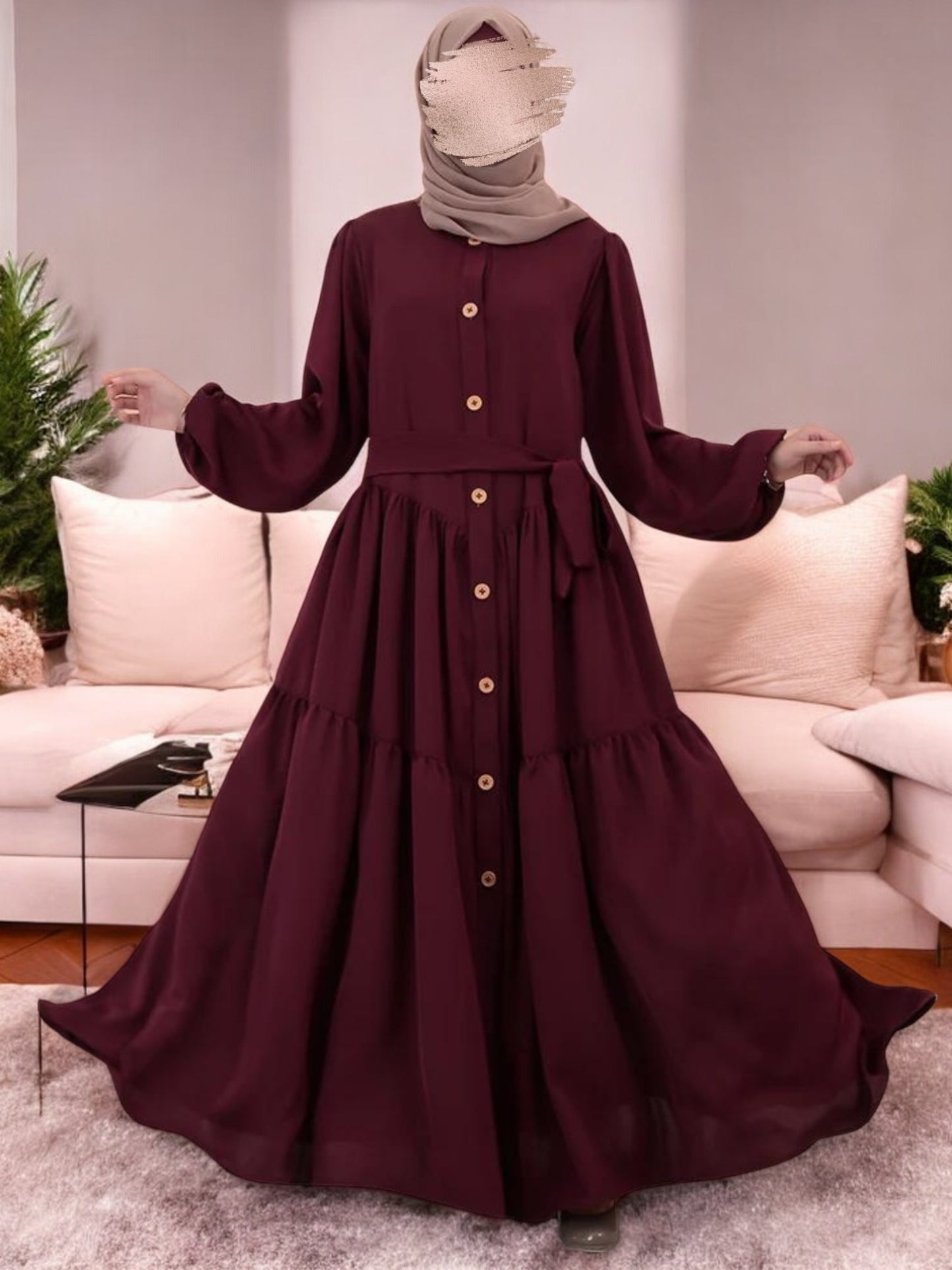 Multi-Tiered Abaya with Wooden Buttons and Elasticated Sleeves