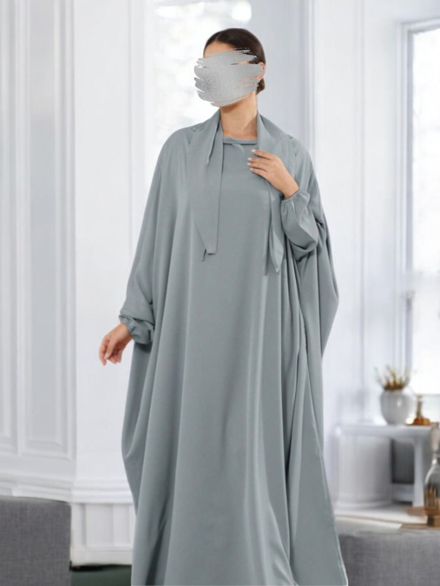 Designer Kaftan Abaya in Luxurious Firdaus Fabric with Elasticated Sleeves and Attached Scarf
