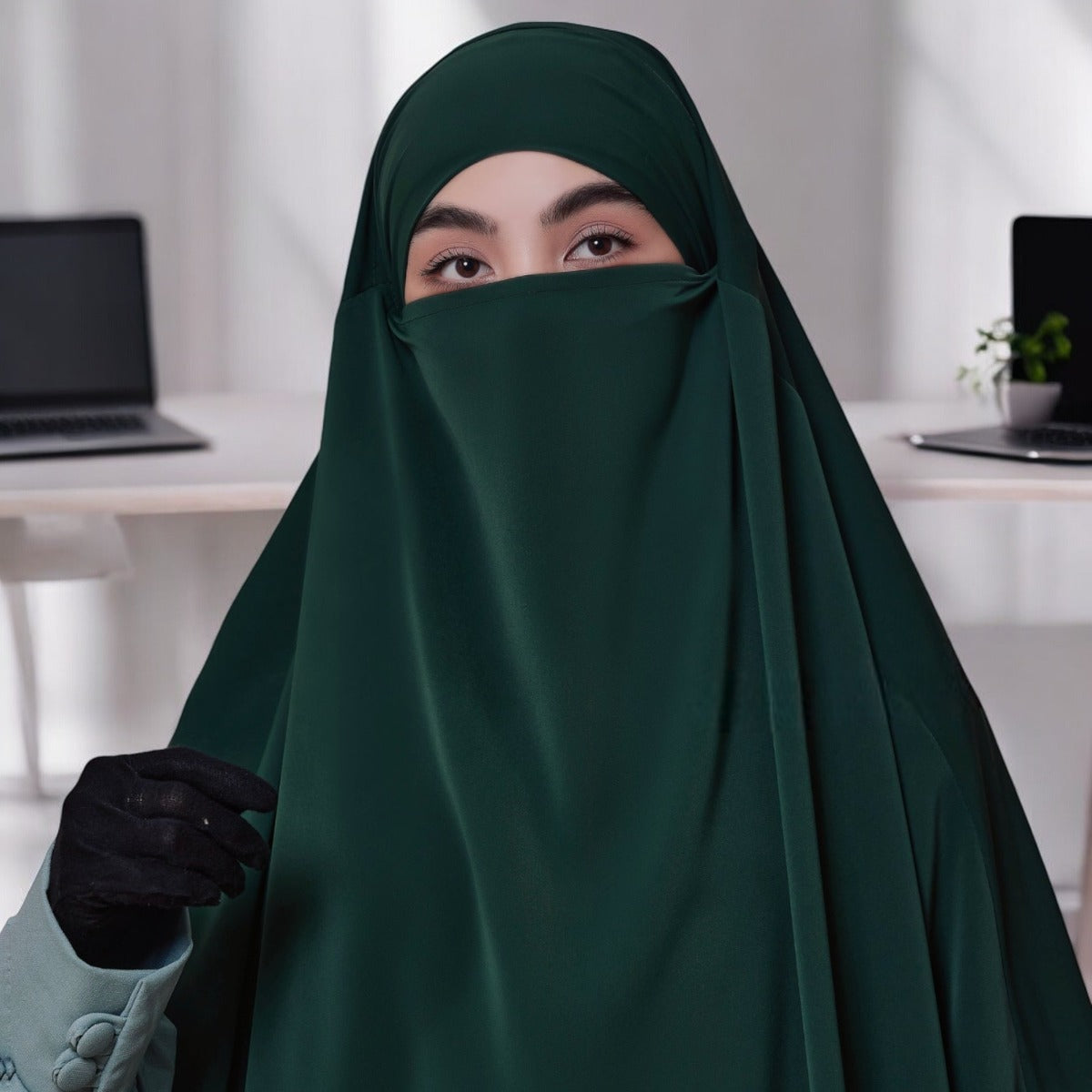 Bashariya Green Color Two-Layer Triangle Prayer Khimar hijab with Attached Mouthpiece