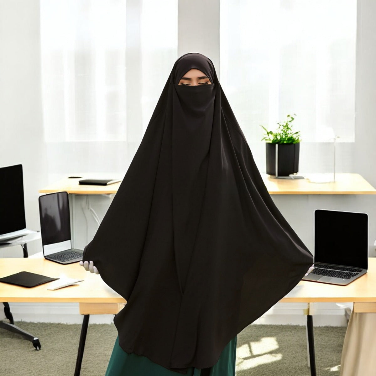 Bashariya Black Color Long Prayer Khimar Hijab with Attached Mouthpiece|Short Jilbab