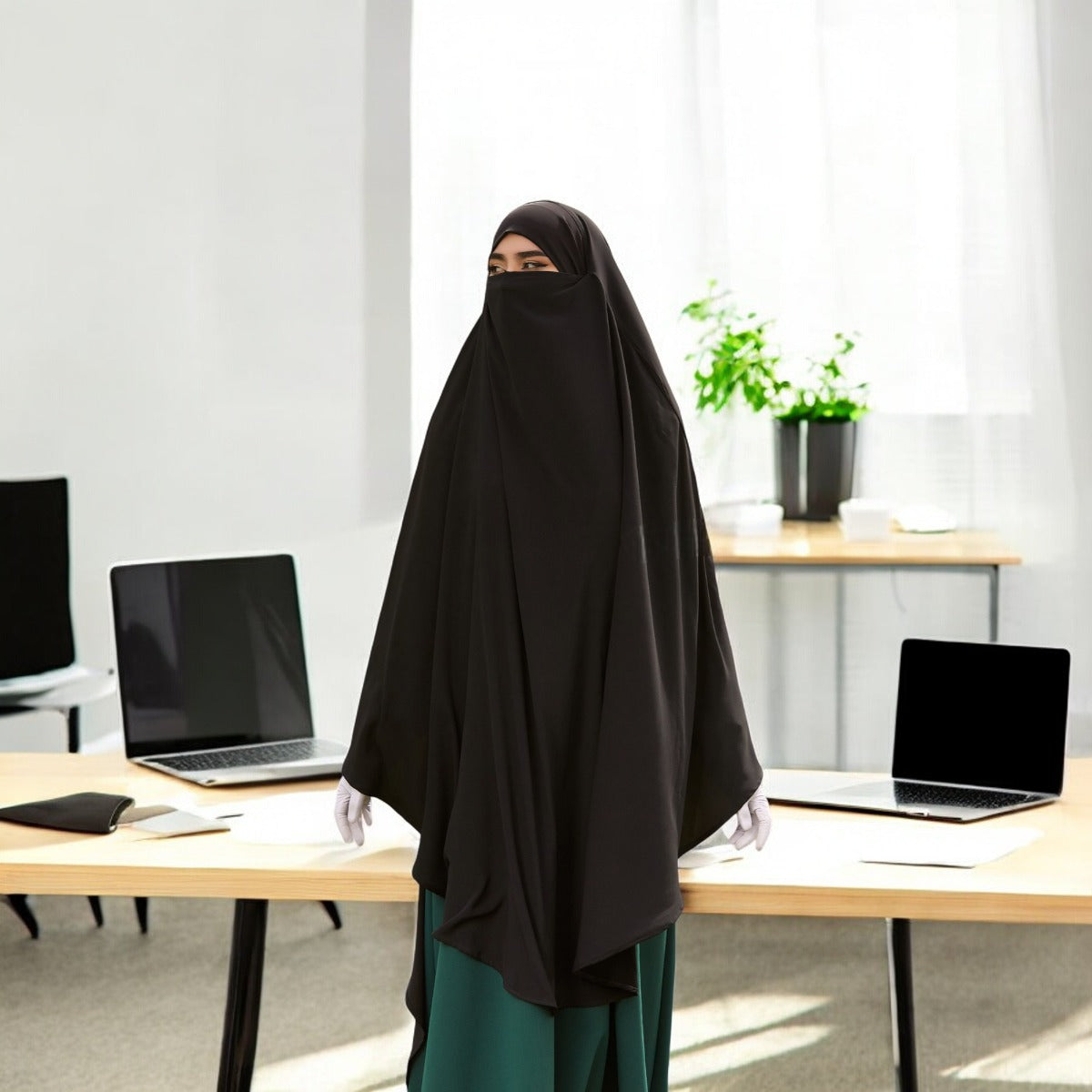 Bashariya Black Color Long Prayer Khimar Hijab with Attached Mouthpiece|Short Jilbab