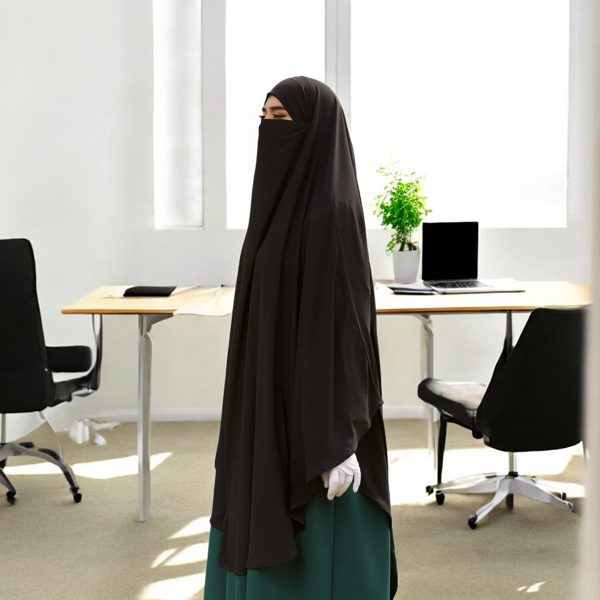 Bashariya Black Color Long Prayer Khimar Hijab with Attached Mouthpiece|Short Jilbab