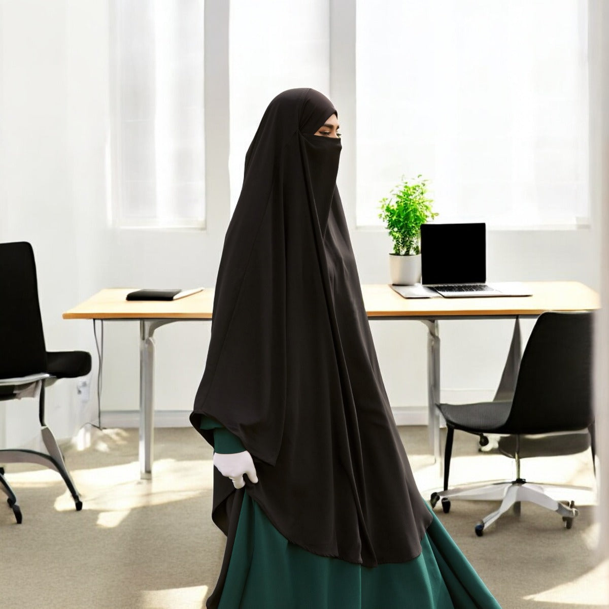 Bashariya Black Color Long Prayer Khimar Hijab with Attached Mouthpiece|Short Jilbab | Ready-to-Wear with Tie-Back Design in Firdaus Fabric