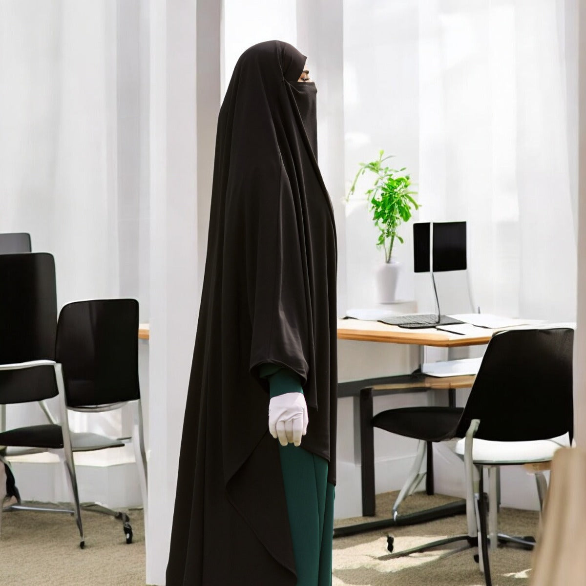 Bashariya Black Color Long Prayer Khimar Hijab with Attached Mouthpiece|Short Jilbab | Ready-to-Wear with Tie-Back Design in Firdaus Fabric